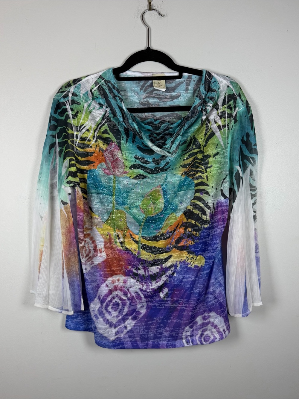 Jess & Jane Top Artsy Abstract Rhinestone Whimsy Boho 3/4 Chiffon Sleeve Large